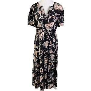 By The River Maxi Dress Large Black Floral Neutral Flutter Sleeve Cottagecore